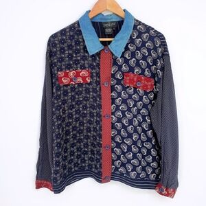 Carole Little Blue Paisley Patchwork Denim Collar Artsy Bohemian Retro Blouse 14
